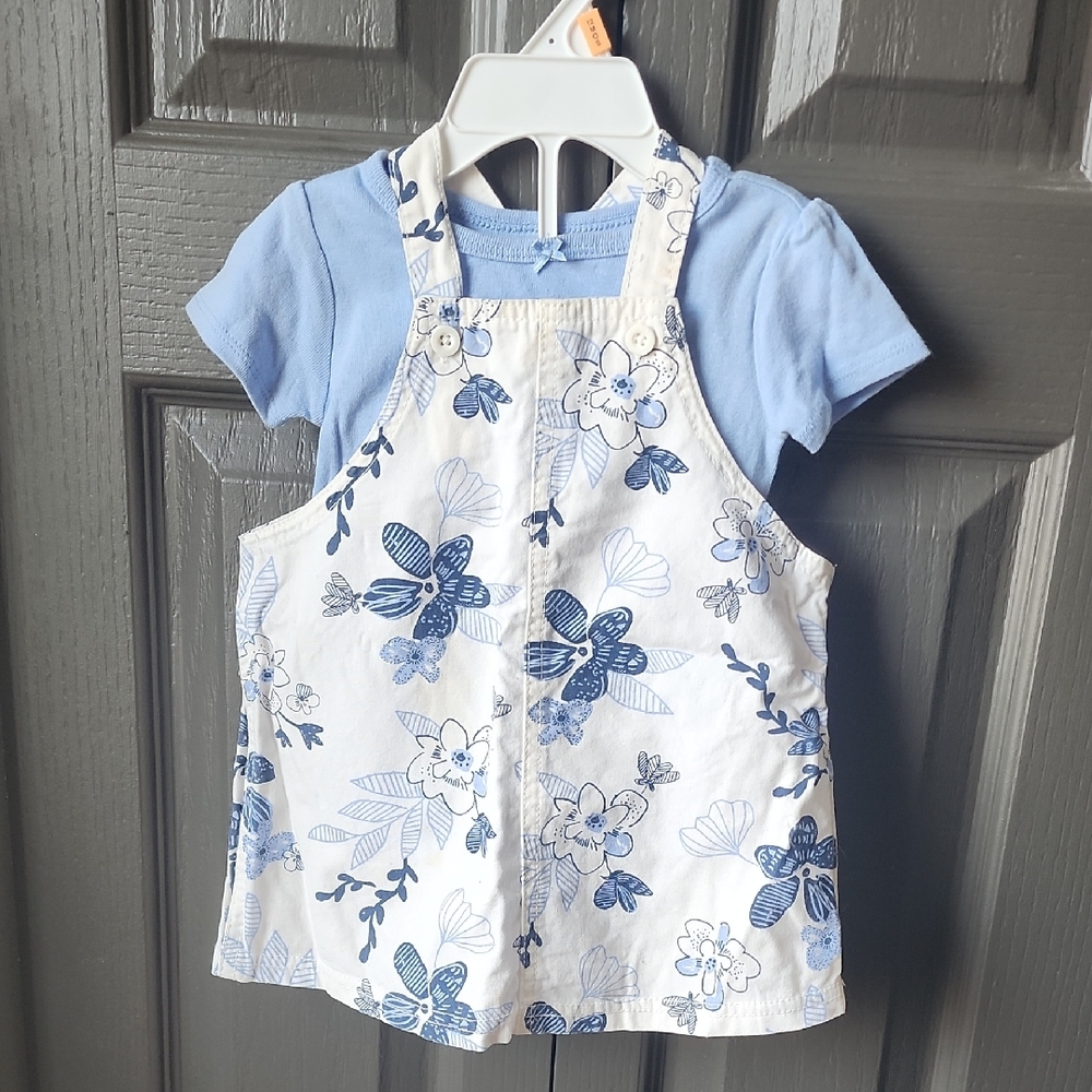 Carter's White and Light Blue Floral Pinafore Dress with Blue Tee
